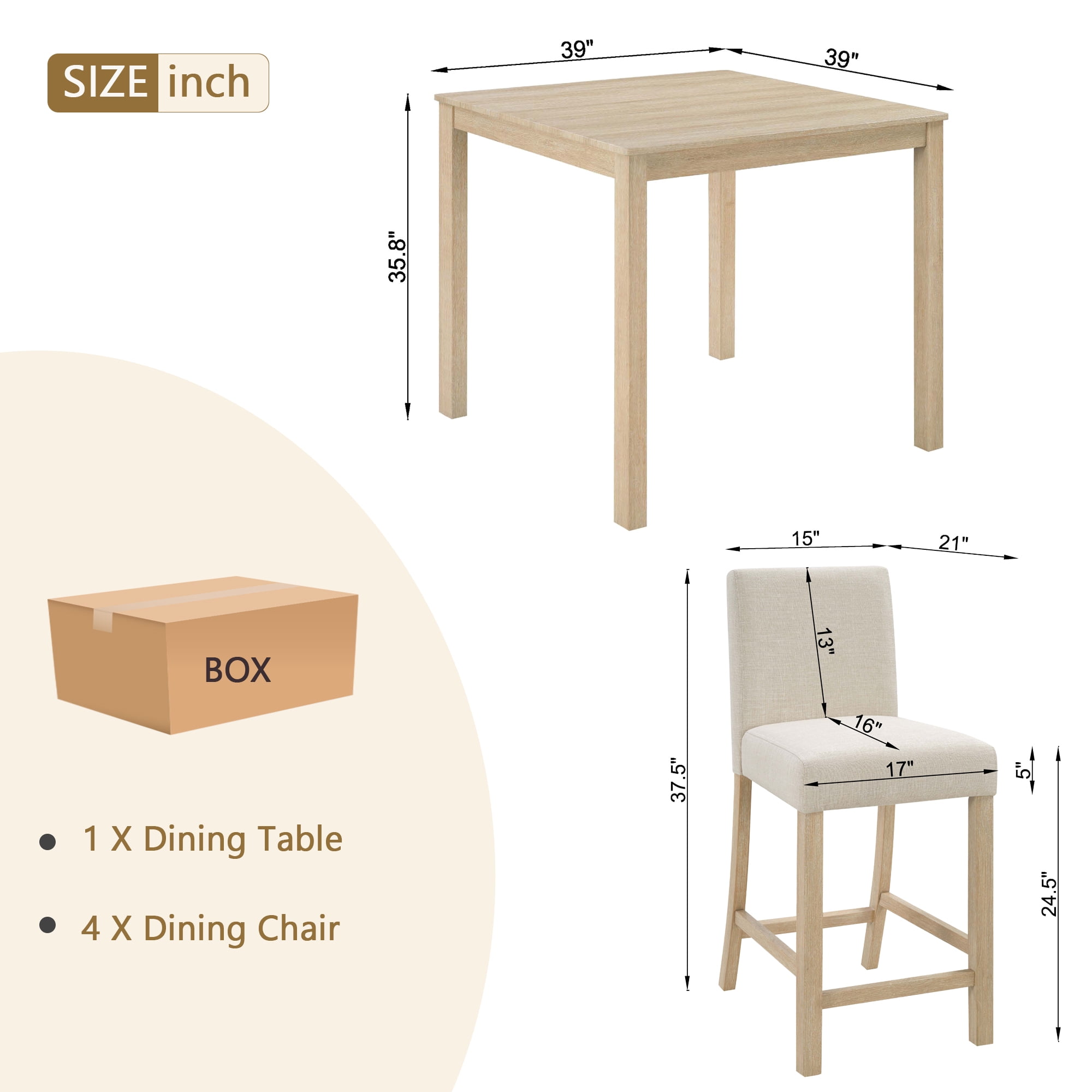 BSHTI 39" 5-Piece Rectangle Counter Height Table Set with Upholstered Chairs, Modern Space Saving Design for Dining Room（Light Oak）