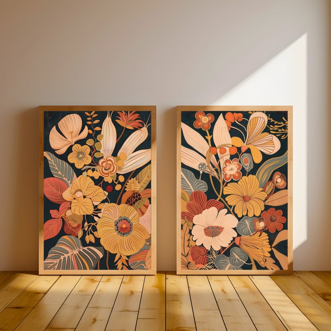 Midcentury Modern Boho Flowers Bouquet Poster Set Wall Art Decorative Artful Floral Botanical Poster Living Room Decor Set 2 Set 2