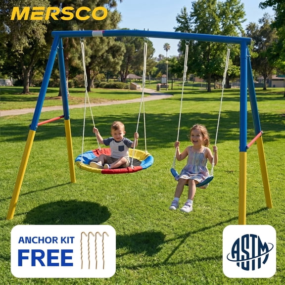 Mersco 2-in-1 Swing Set for Backyard with Stand, Swing Heavy Duty 440lbs Metal Outdoor Swing Stand, Contain 1 Saucer 32" and 1 Belt Seat 26.2" for Playground, Backyard Playset