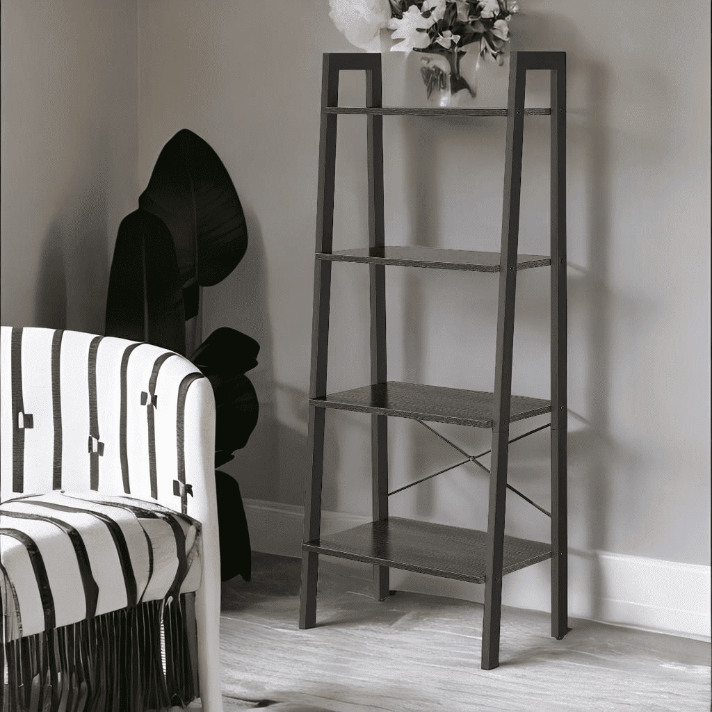 VASAGLE 4-Tier Ladder Shelf Ladder Bookshelf Bookcase Storage Rack with Steel Frame Charcoal Gray and Black
