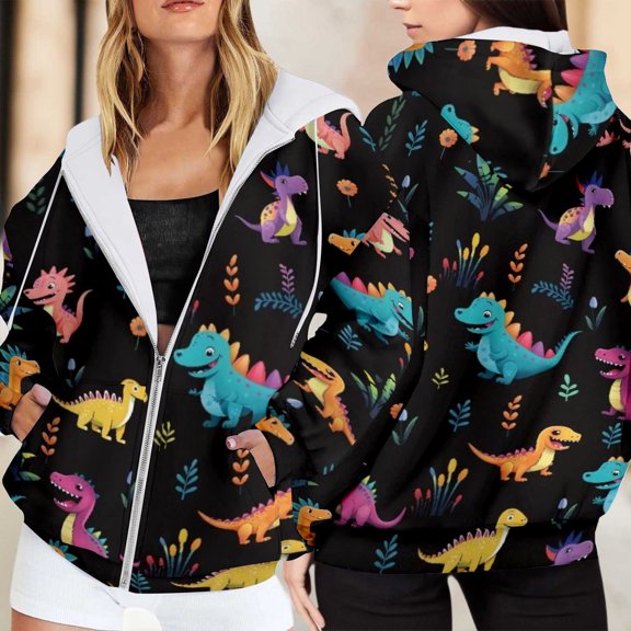 Womens Hoodies Dinosaur Print Hooded Long Sleeve Loose Fit Zip Up Pockets Jacket for Daily Wear Womens Sweatshirts Black L
