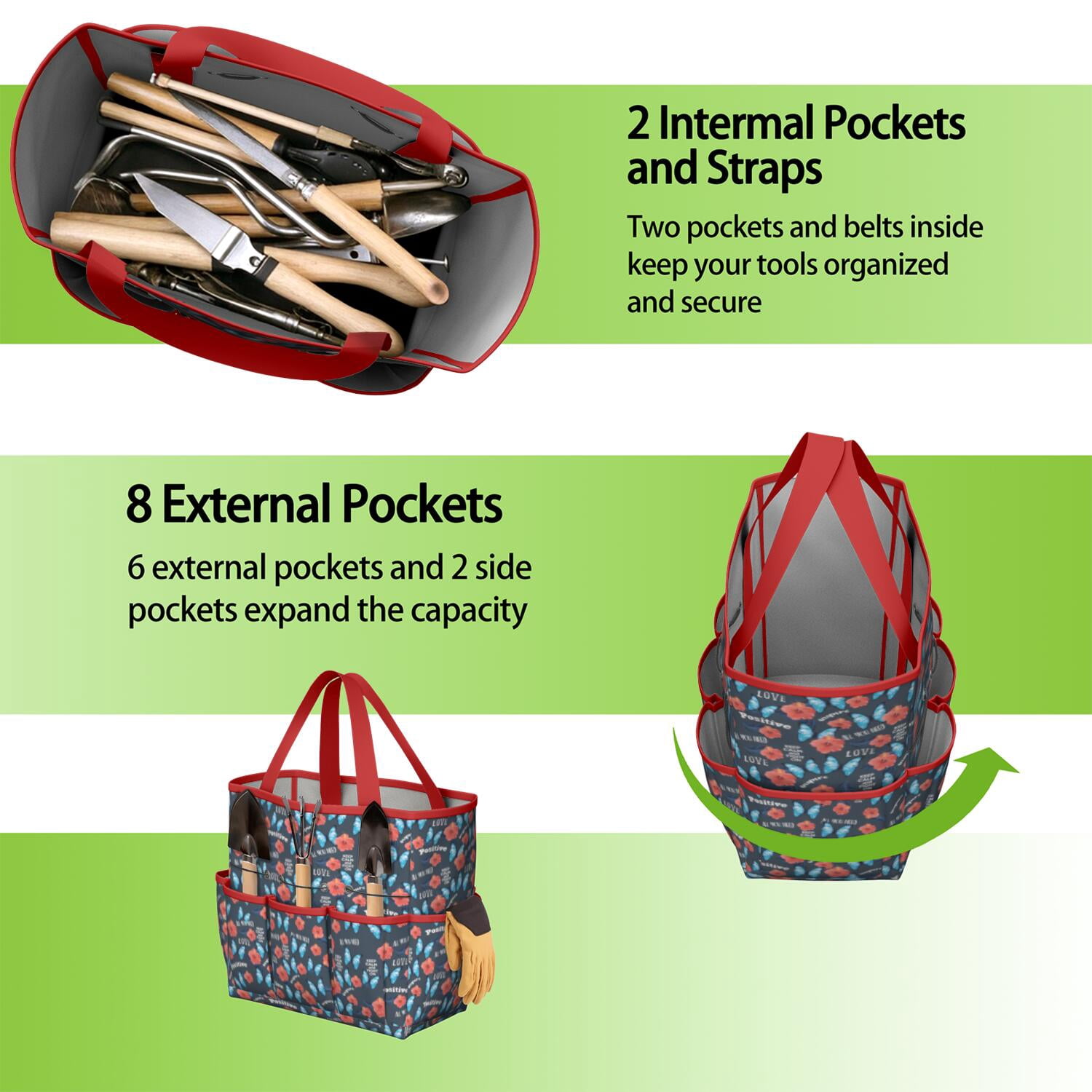 Bright Flowers Garden Tools Bag, Water-proof Oxford Garden Tote Home Organizer Gardening Tool Bag Kit Holder with 8 Pockets for Indoor and Outdoor Gardening(Tools Not Included)