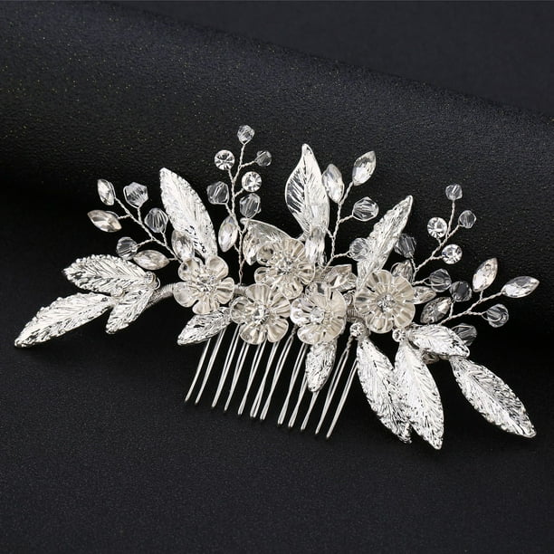 Nvzi Horquillas para el pelo de boda con flores para novias, peinetas con perlas de cristal, pinzas para el pelo, accesorios para el pelo de boda dorados, joyas plateadas