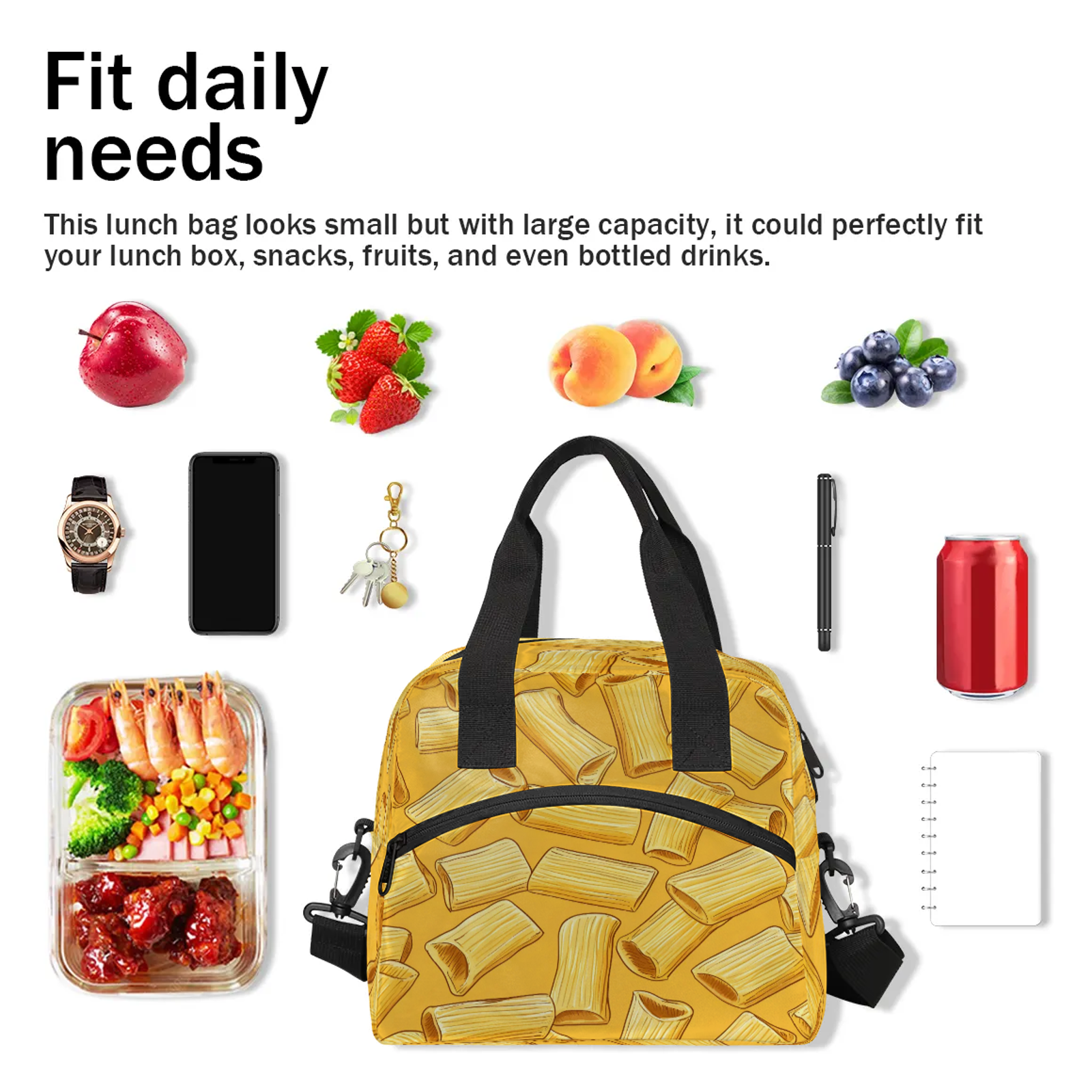 Herdesigns Noodles Lunch Bag for Women Men Adult, Funny Food Large Insulated Reusable Lunch Box Leakproof Portable Cooler Tote Bags for Work Picnic Beach