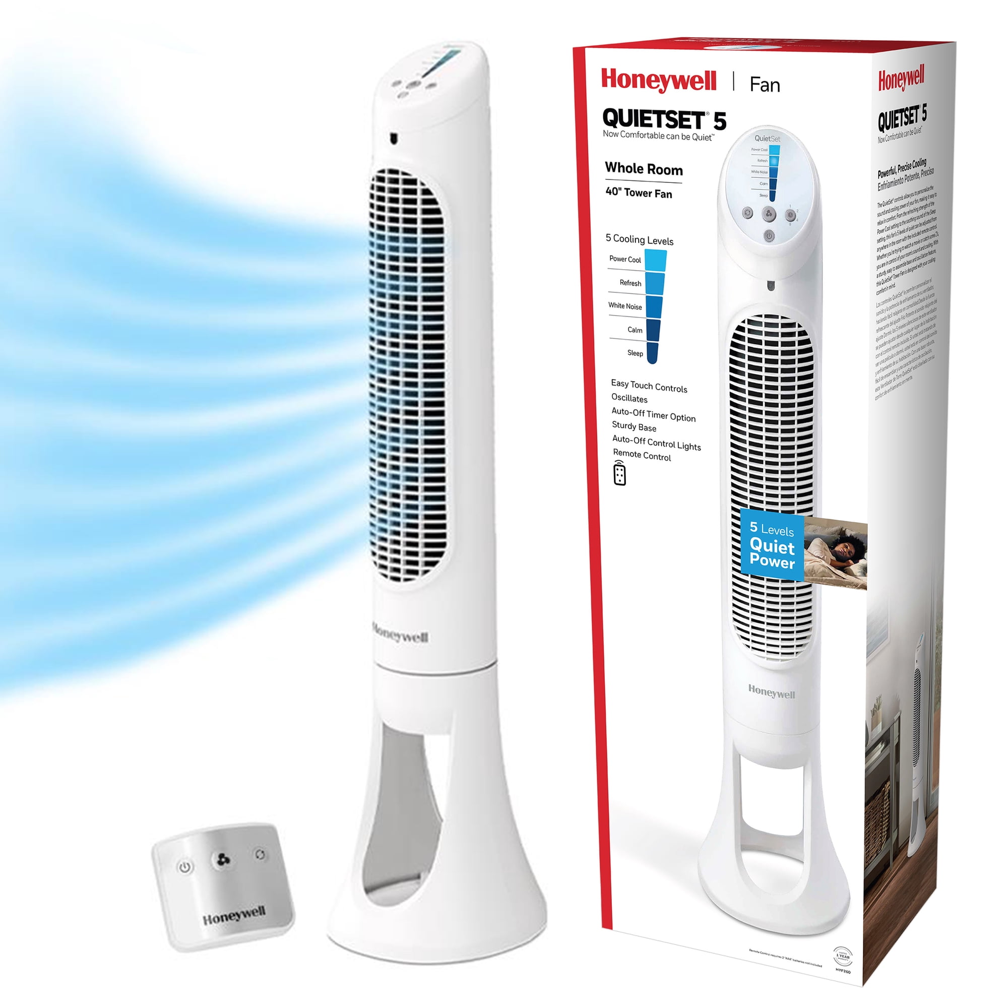 Honeywell 40 inch Bedroom and Living Room White Oscillating QuietSet Tower Fan with 5 Levels of Quiet, Remote Control, and Powerful Airflow for Fast Whole Room Cooling, HYF260W