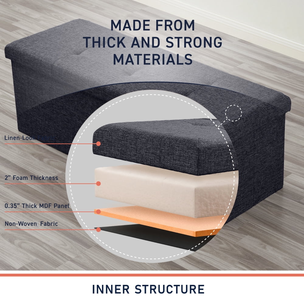 Ornavo Home Foldable Tufted Linen Large Storage Ottoman Bench Foot Rest Stool/Seat - 15" x 43" x 15"
