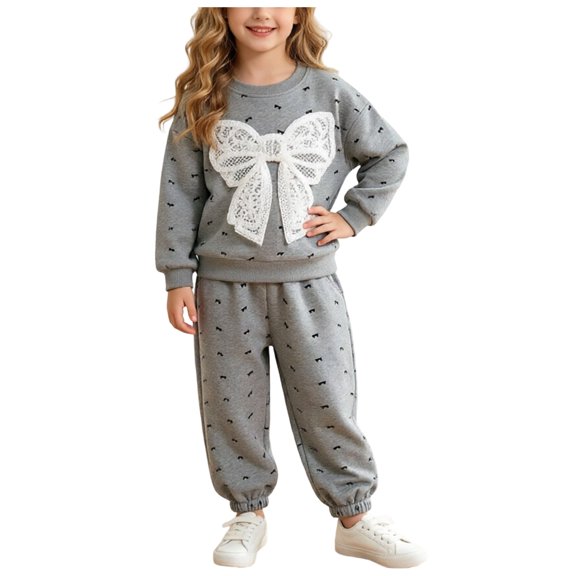 Mnyotv Girls' Fall Winter Clothes Bow Long Sleeve Sweatshirt and Jogger Pants 2Pcs Outfits Sets Size 11-12 Years