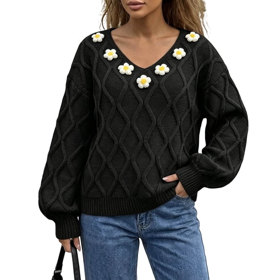 Edvintorg Womens Sweaters Floral Long Sleeve Casual Knit Sweater V Neck Loose Pullover Top Womens Fashion Black M