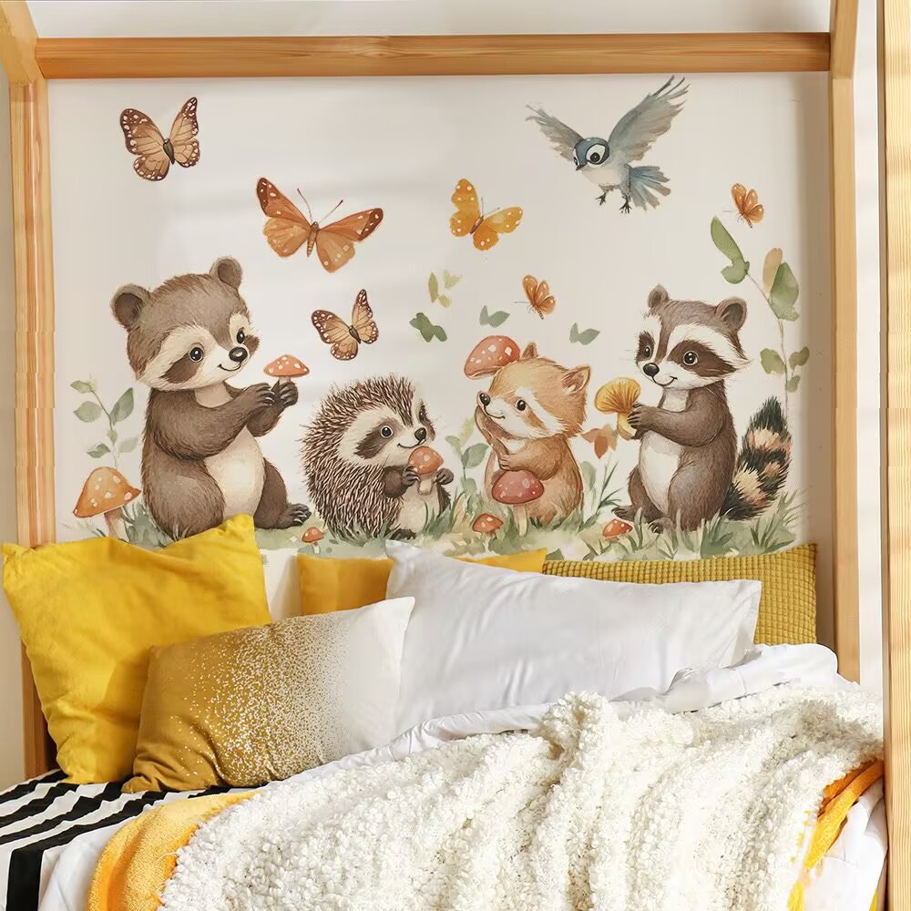 Woodland Animal Tree Branch Wall Decals Bear Fox Deer Forest Wall Stickers Kids Room Removable Vinyl DIY Peel and Stick Kids Bedroom Living Room Window Wall Decor