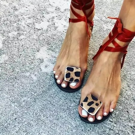 

Summer Ladies Ankle Strap Sandals Flat Clipped Toes Leopard Print Beach Ladies Casual Comfort Women s Shoes Plus Size Leopard Print Open Toe Flats - Lace Up Roman Sandals