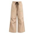 thumbnail image 3 of ZXLBBD Boy's Knit Wide Leg Jogger Sweatpants Gray Drawstring High Waist Solid Color Patch Pocket Loose Streetwear Bottoms Versatile Casual Daily Wear,Khaki,Size 11 Y-12 Y, 3 of 4
