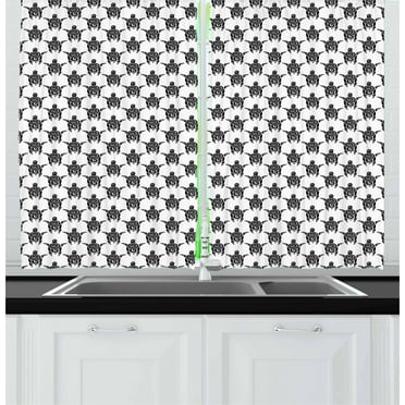 Ambesonne Tattoo Kitchen Curtains, Maori Turtles Art, 55"x39", Black White