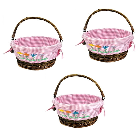 Woven Easter Baskets Set of 3 Pink Plaid Lined 11 x 5 Inch with Handles Empty Egg Hunt Bucket for Kids