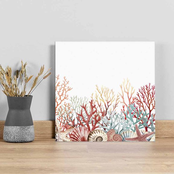 Red Coral Coastal Wall Art Painting on Canvas, Summer Beach Shells Starfish Ocean Canvas Art Home Prints Wall Art Framed Modern Artwork for Living Room Bedroom Wall Decor 8x8in