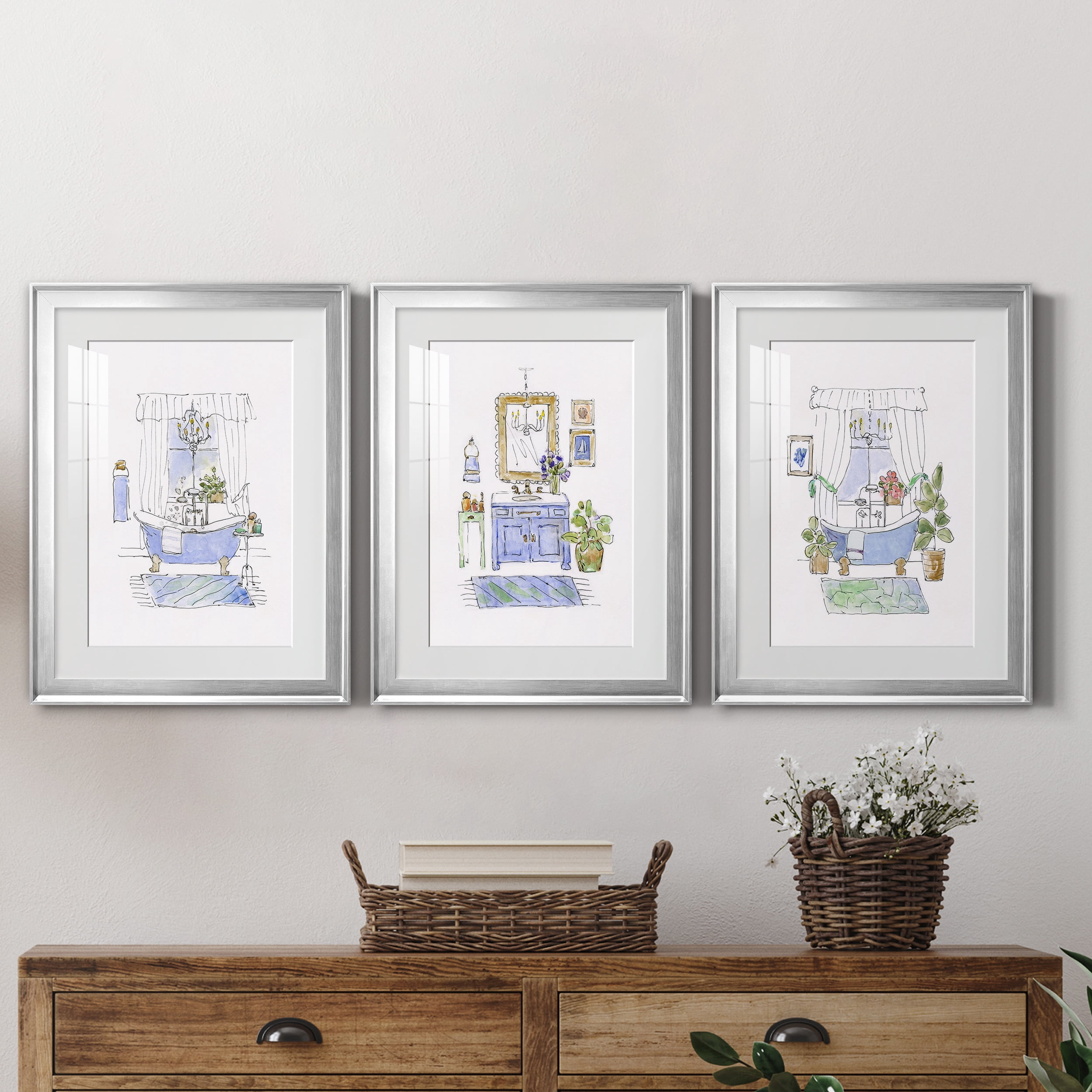 Sketchy Bath I Premium Framed Prints Set of 3 - Ready to Hang - 18 x 24 Each - Silver Frame