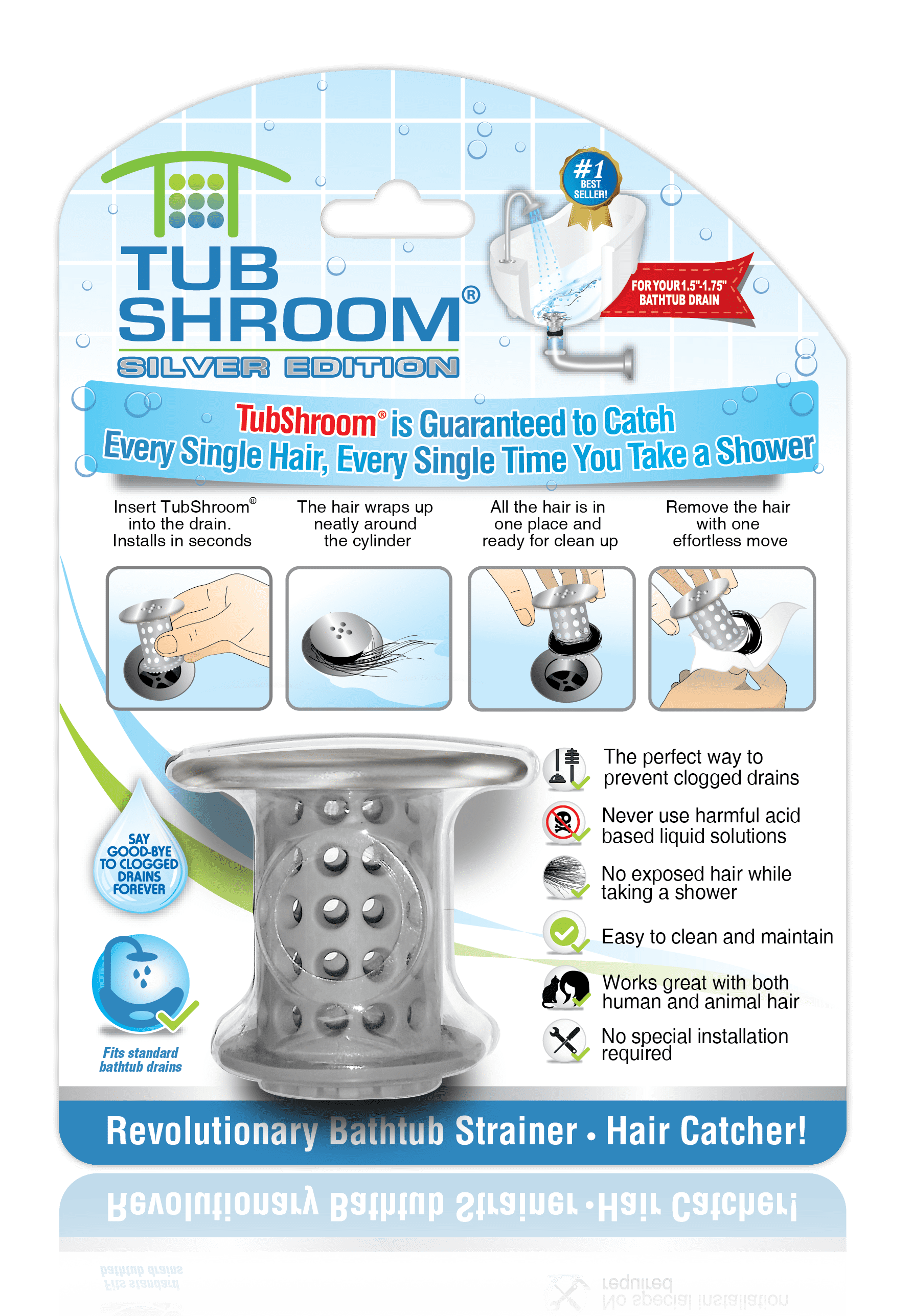 TubShroom Hair Drain Catcher for Bathtub - Silver Edition ASOTV