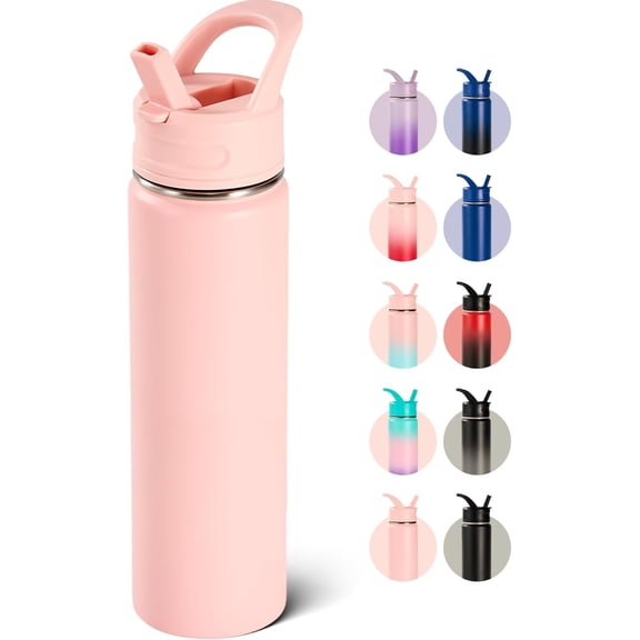 24oz Insulated Stainless Steel Water Bottle with Straws, Double Wall Vacuum Insulated Bottles, Metal Thermo for Travel, Sports, Leak-Proof, BPA Free, Women & Men, Pink