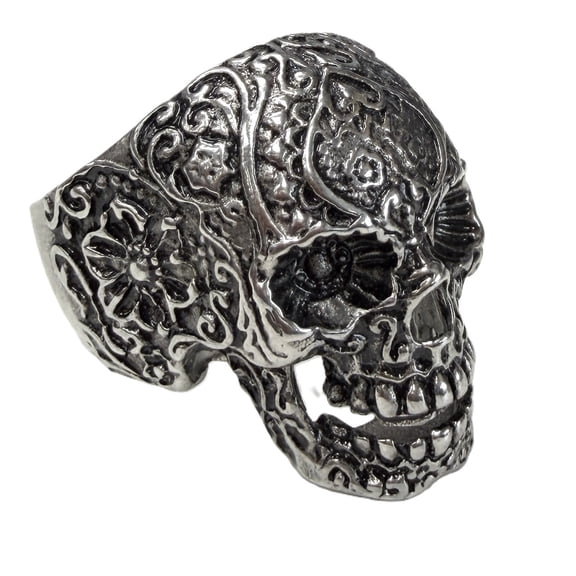 Men's Stainless Steel Silver Tone 3D Sugar Skull Statement Ring Size 9 Punk Biker SSR374S9
