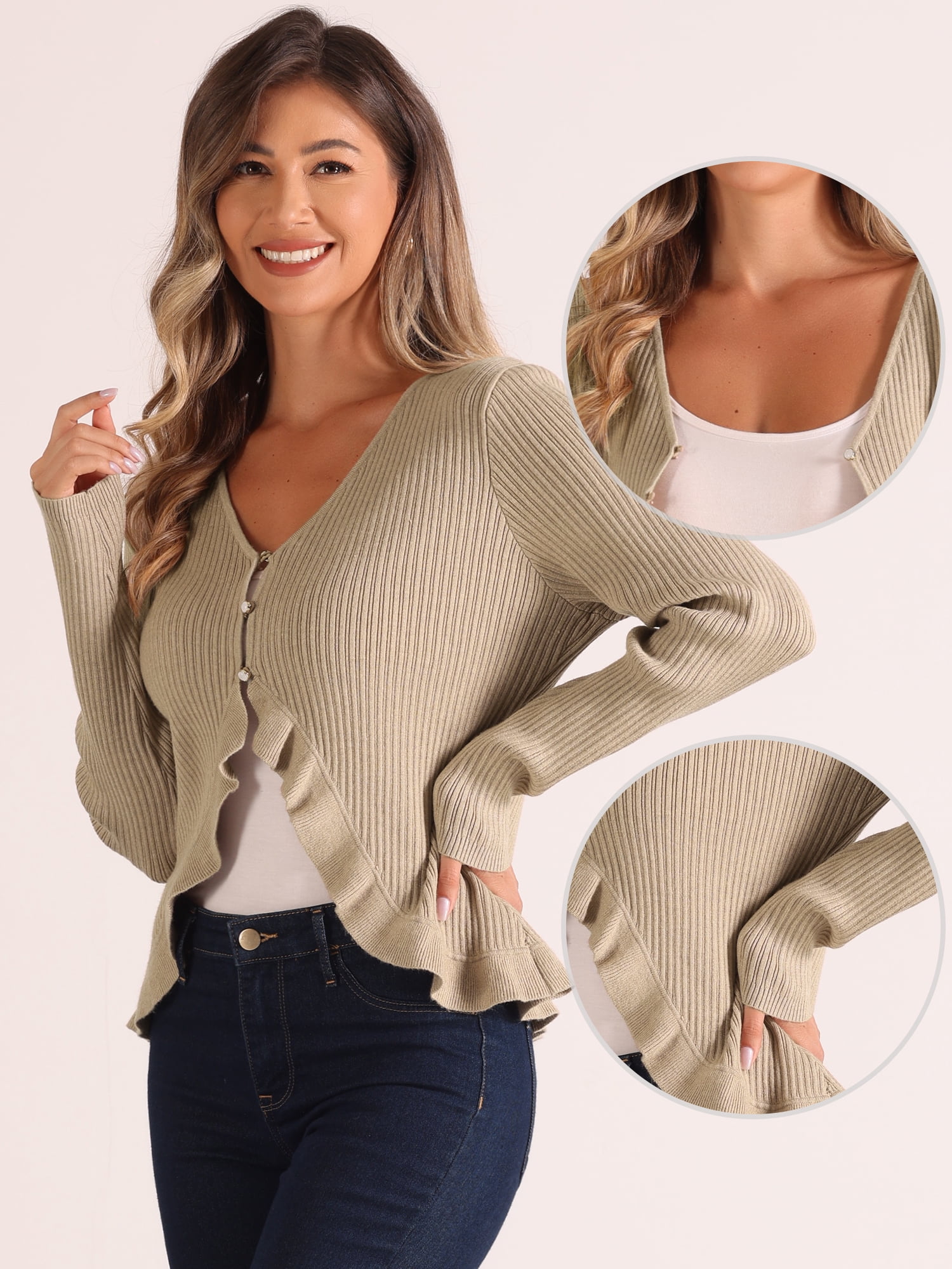 DARING DIVA Women's Ruffle Cardigan V Neck Long Sleeve Open Front Knit Bolero Shrugs M Khaki