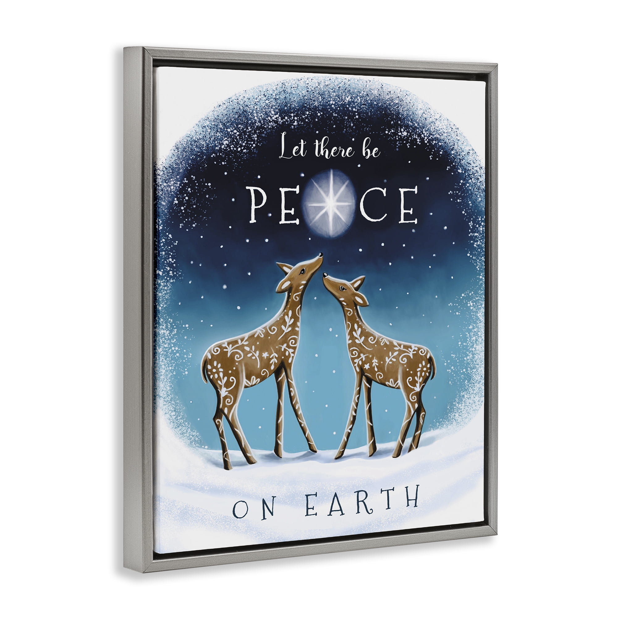 Stupell Industries Peace On Earth Reindeer Holiday Painting Gray Floater Framed Art Print Wall Art, 25 x 31