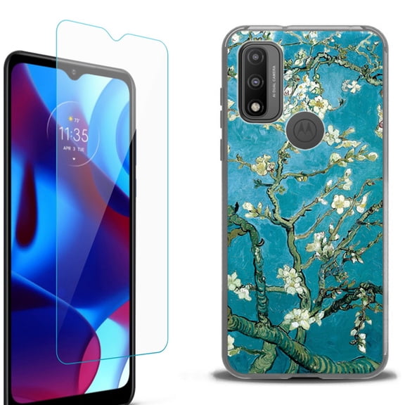 Slim-Fit Protective Phone Case (Black) compatible with Motorola Moto G Pure 5G, with Tempered Glass Screen Protector, by OneToughShield ® - Almond Blossom