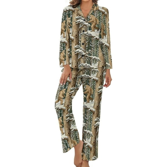 Top-kevin Women's Pajama Sets Snowy Forest Sasquatch Pattern Long Sleeve Lounge Sets Pjs Sleepwear with Pockets