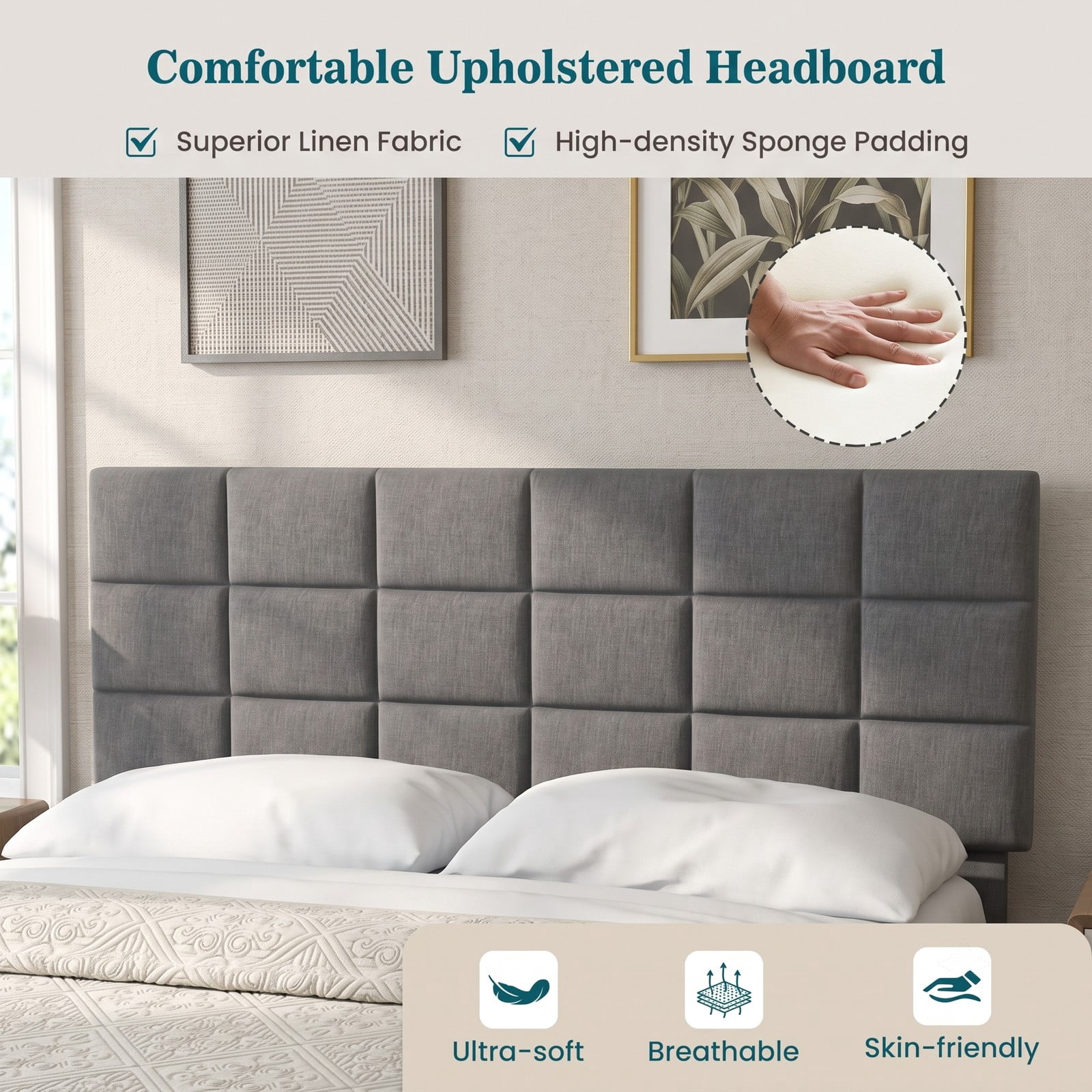 Furnibear Queen Size Bed Frame, Upholstered Linen Platform Bed with Adjustable Square Tufted Headboard and Wood Slats for Bedroom, Gray