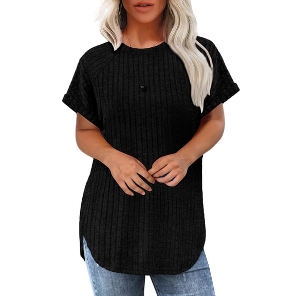 Women's Short Sleeve Tunic Tops Loose Fit Crewneck Pullover Sweaters Curved Hem Side Split Solid Blouses