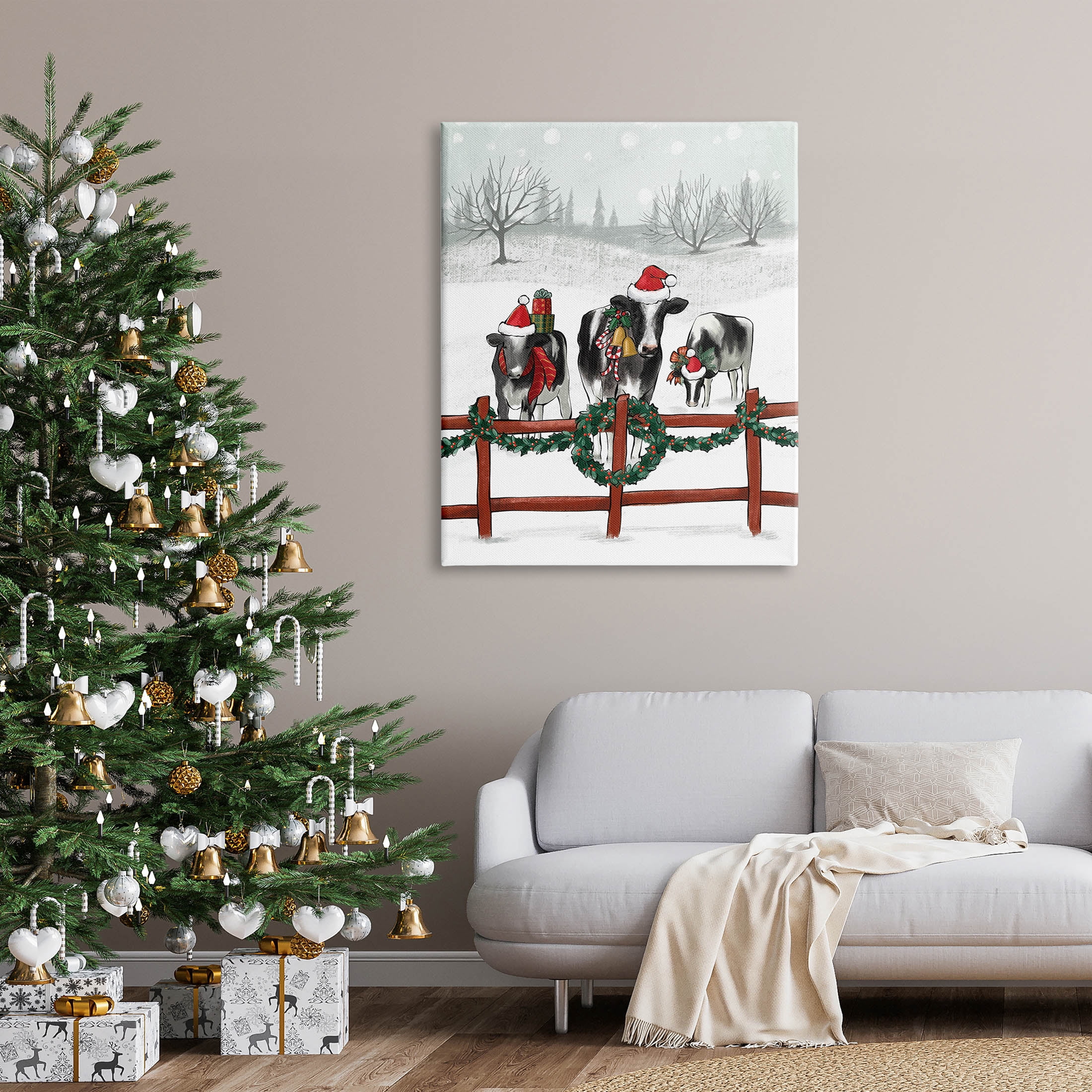 Holiday Cows Farmland Fence Holiday Graphic Art Gallery Wrapped Canvas Print Wall Art