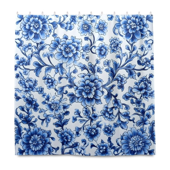 Blue and White Porcelain 72x72 Waterproof Shower Curtain Liners Durable Metal C-Hooks Fade-Proof Thermal Print Anti-Splash