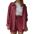 thumbnail image 2 of Short Sets for Women Long Sleeve Button Down Collared Shirt and High Waisted Shorts 2 Piece Matching Set Beach Vacation Set, 2 of 6