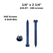 (Qty 640) Concrete Screws 1/4 x 2 1/4 Hex Washer Head for Anchoring to Masonry, Block or Brick Stucco Simpson Strong Tie 32 Pack 6 Drill Bits