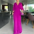 thumbnail image 6 of Women Evening Dress Dolman Sleeves Pleated V Neck Pure Color High Slim Waist Full Length Party Prom Maxi Dress, 6 of 8