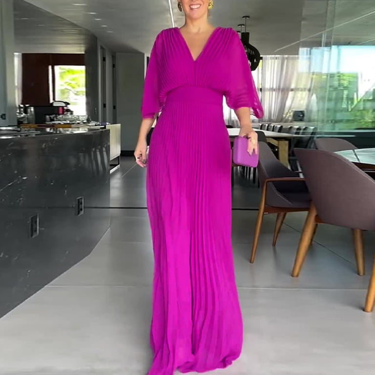 dolman sleeve evening dress Mdesiwst Women Evening Dress Dolman Sleeves Pleated V Neck Pure Color High Slim Waist Full Length Party Prom Maxi Dress, Women's, Size: 2, White