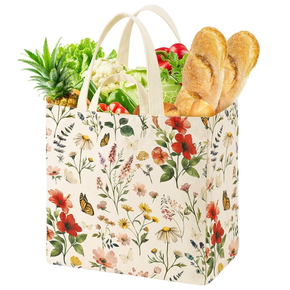 Large Canvas Grocery Tote Bag with 6 Inner Pockets Reusable Washable Shopping Shoulder Bag