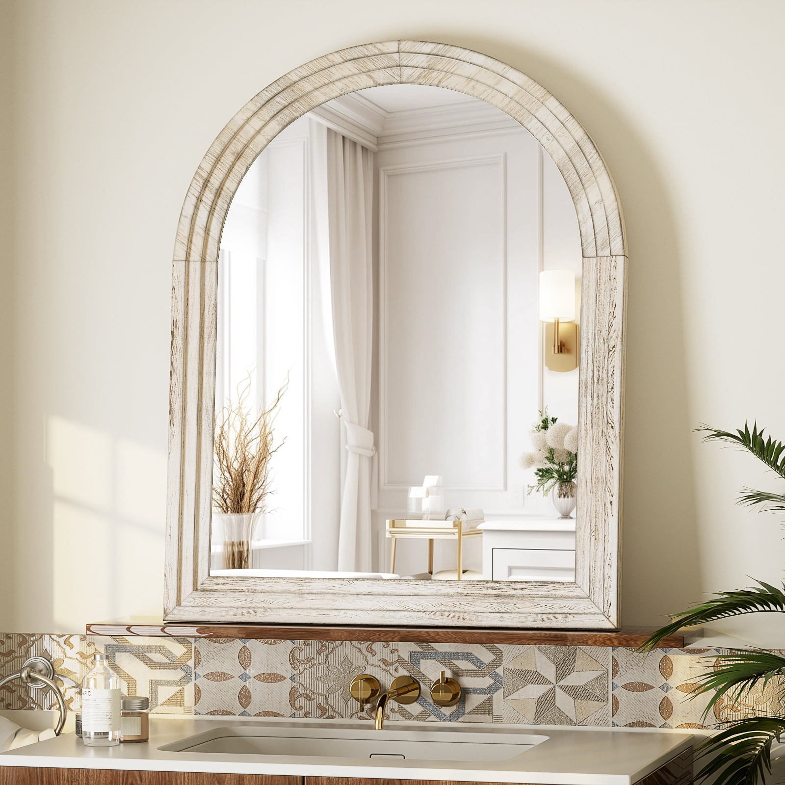BEAUTYPEAK 30"x40"Arched Bathroom Mirror Wooden Framed Wall Mirror，White