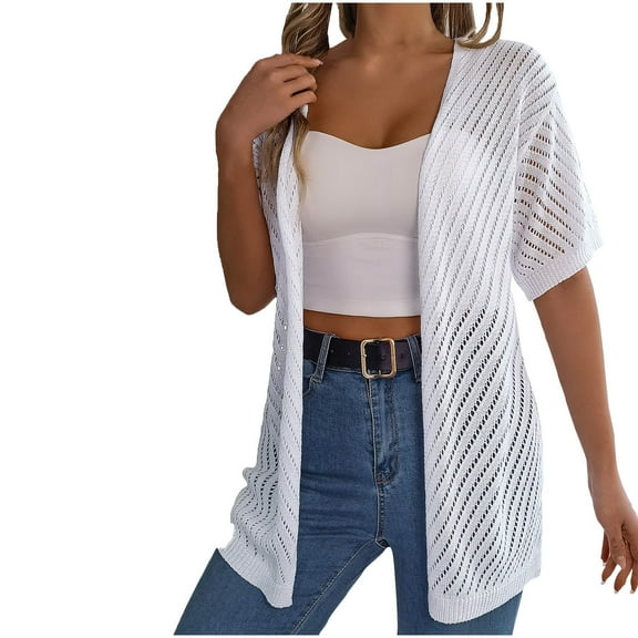 Diufon Short Sleeve Cardigans for Women Casual Solid Color Breathable Tops Hollow-Out Blouse