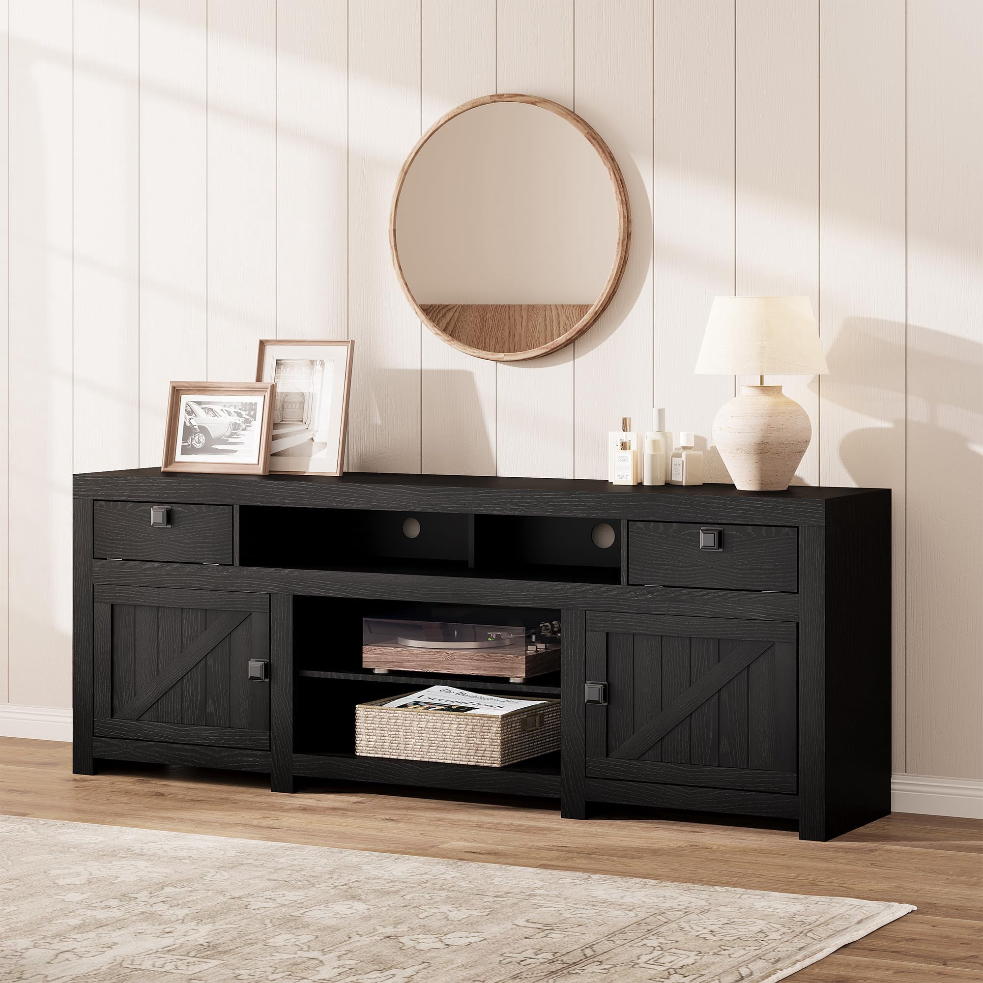 70-Inch Farmhouse TV Stand for TVs Up to 80", Entertainment Center with 4 Storage Drawers & 3 Open Shelves for Living Room-Black