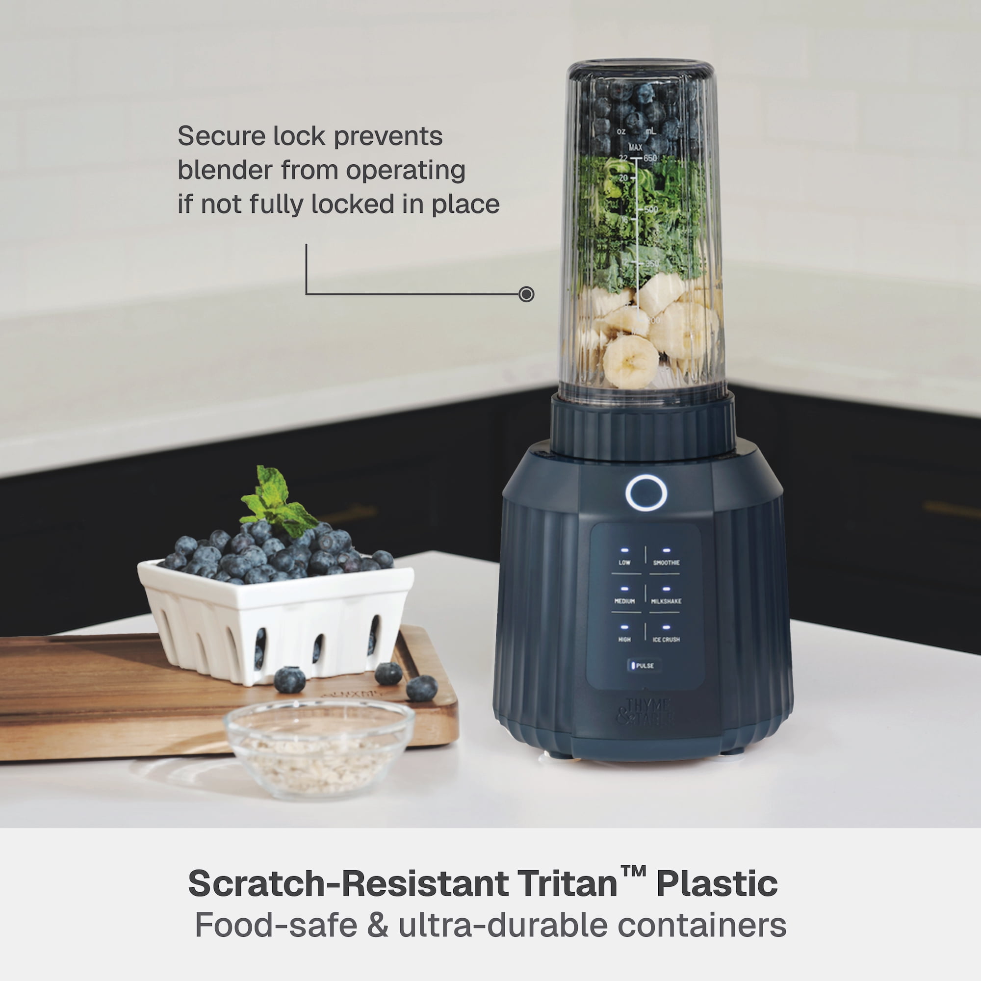 Thyme & Table Countertop Blender Duo, 1100W, 57oz Tritan Pitcher, 6-Point Stainless Steel Blade, 25oz To-Go Cup with Smart Seal™ Lid and Straw, Atlantic Blue
