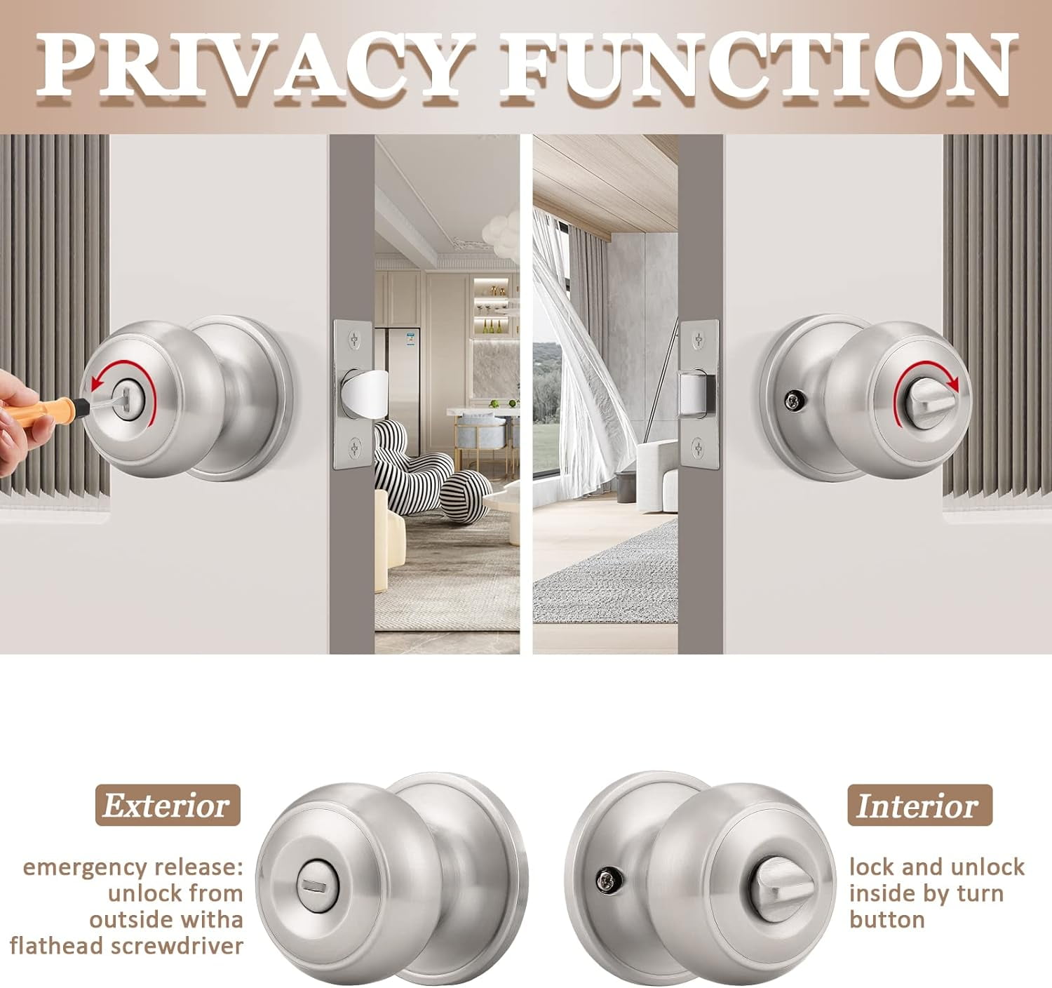Privacy Door Knobs Lock Interior Bedroom Bathroom Door Handle Antique Brass Round Ball Keyless Lockset 3 Pack