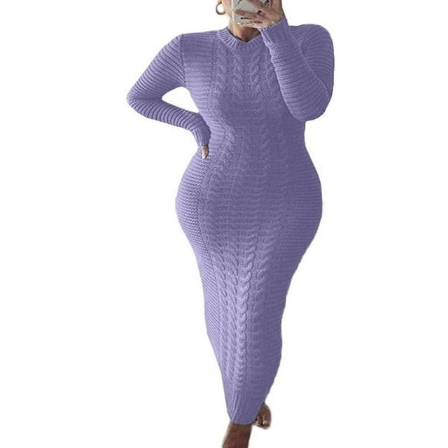 Women Long Sleeve Knitted Dress Crochet Pattern Solid Ribbed Casual Dress