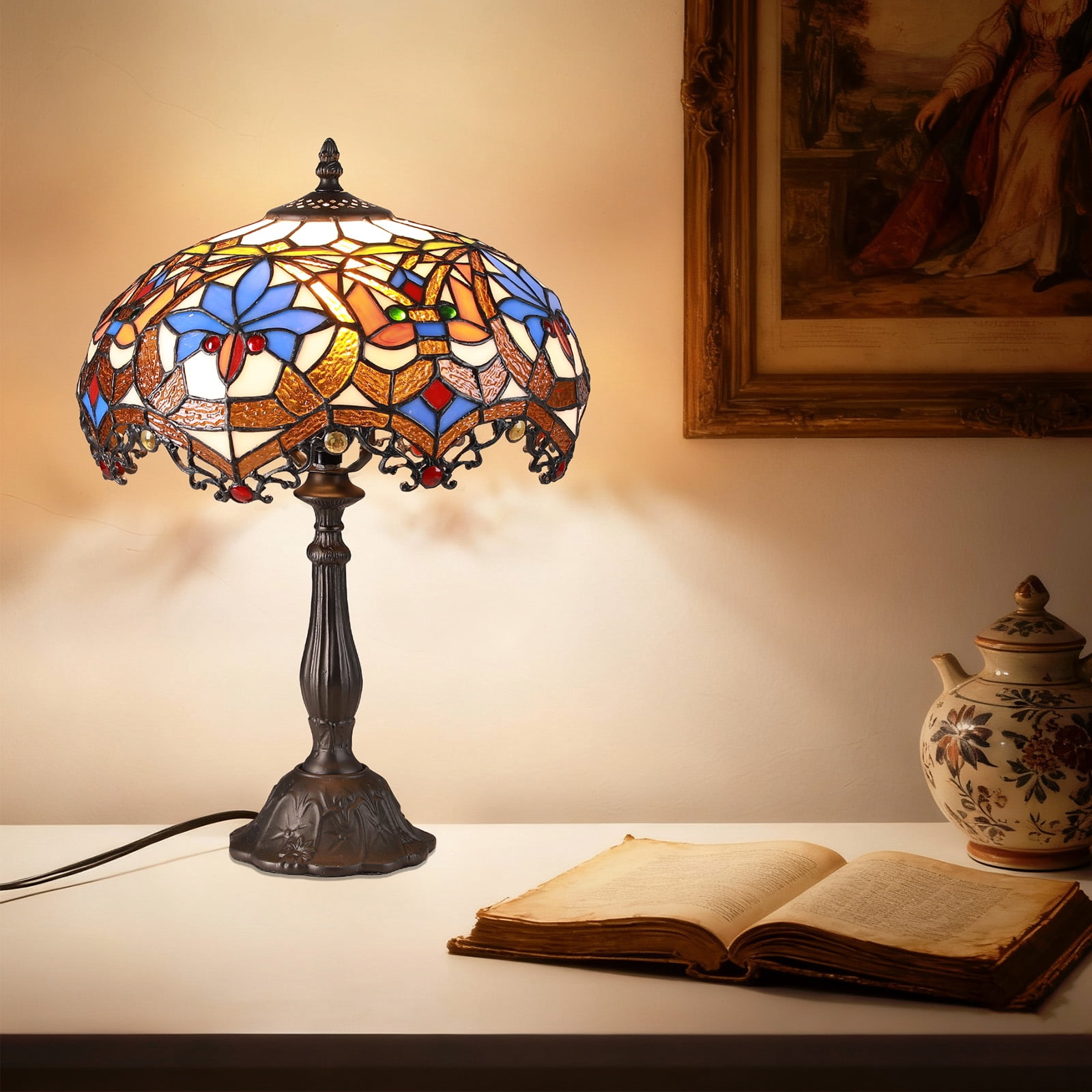 SUNMORY 18.5'' Stained Glass Tiffany Style Table Lamps, Bedroom Bedside Reading Desk Light for Living Office Dormitory Bar Retro Unique Cute Accent Decor Cottage Village Gift Nightstand Lamps