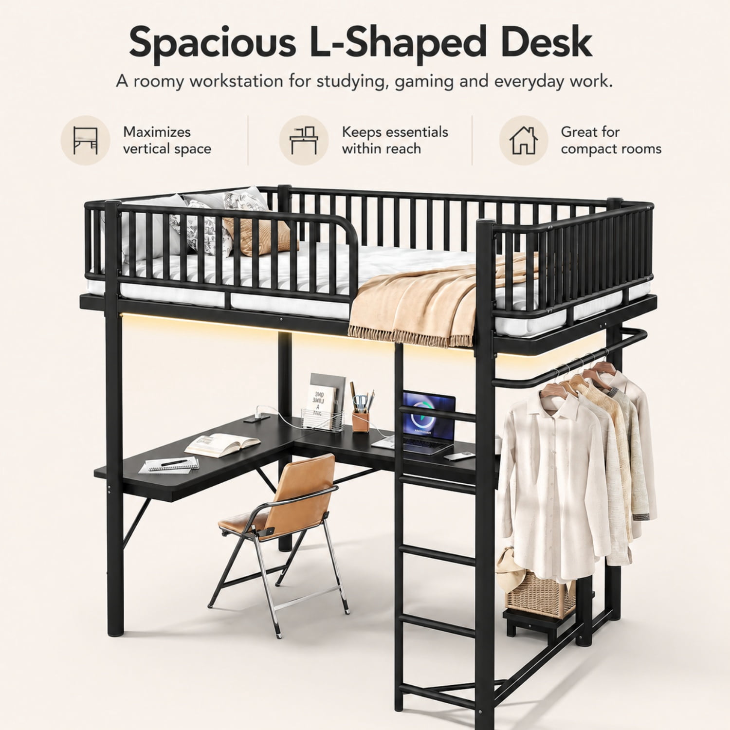 Miniyam Full Metal Loft Bed with L-Shaped Desk, LED Light Strip, Charging Station and PC Tower Tray, Black