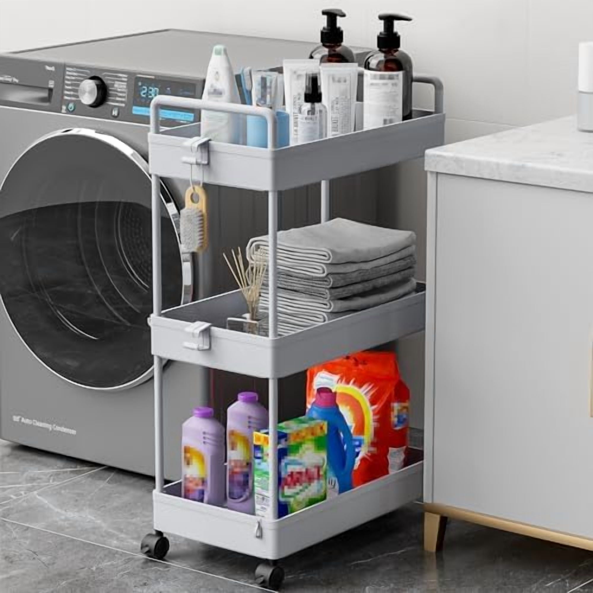 3 Tier Slim Rolling Storage Cart with Wheels Plastic Utility Cart Organizer for Snack Craft Art Postpartum Baby Diaper Nail Makeup in Bathroom Laundry Room Kitchen Bedside Narrow Space, Grey