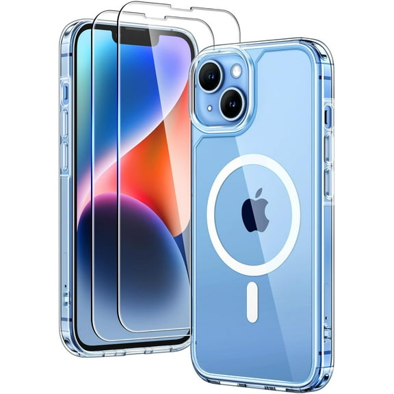 3 in 1 Magnetic for iPhone 13 Case, [Compatible with MagSafe] [with 2X Screen Protectors] Not-Yellowing, Military-Grade Protection Slim Phone Case for 13 Cover, Clear, 6.1"