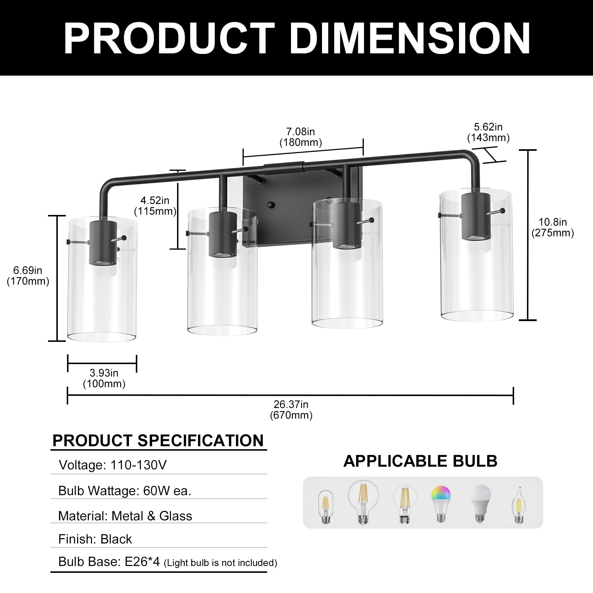 YANSUN 26.7 in 4-Light Black Metal Vanity Light with Clear Glass Shade Bathroom Fixture for Modern Farmhouse Style Spaces