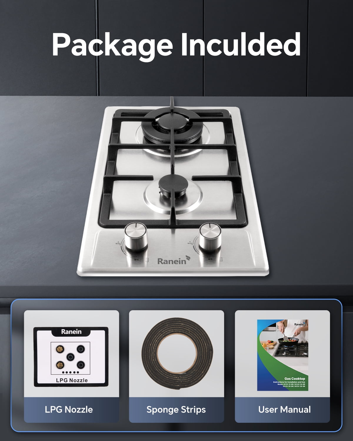 Ranein 12-Inch Gas Cooktops in Stainless Steel with 2 Burners