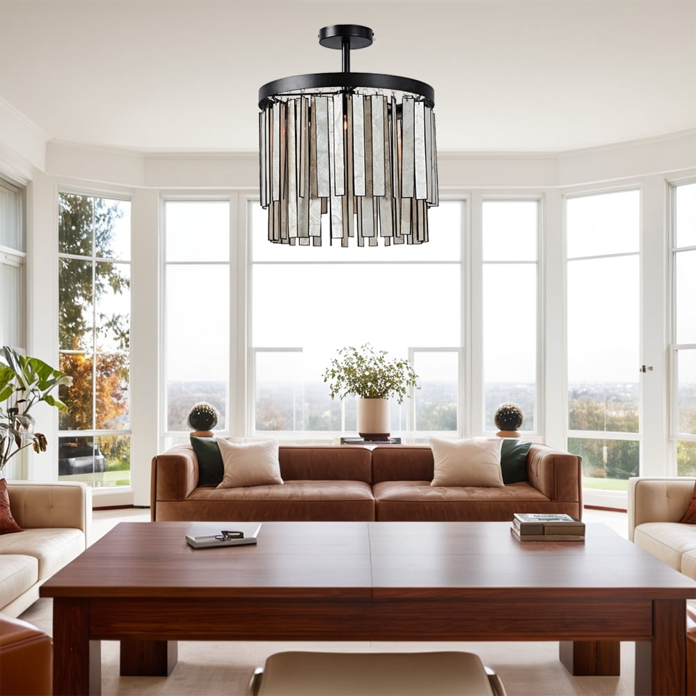 Natural Coastal Ceiling Light , Indoor Flush Mount with Round Bronze Capiz Tile, Hand-polished Light Fixture, Close to Ceiling Light for Bedroom, Entryway, Living Room