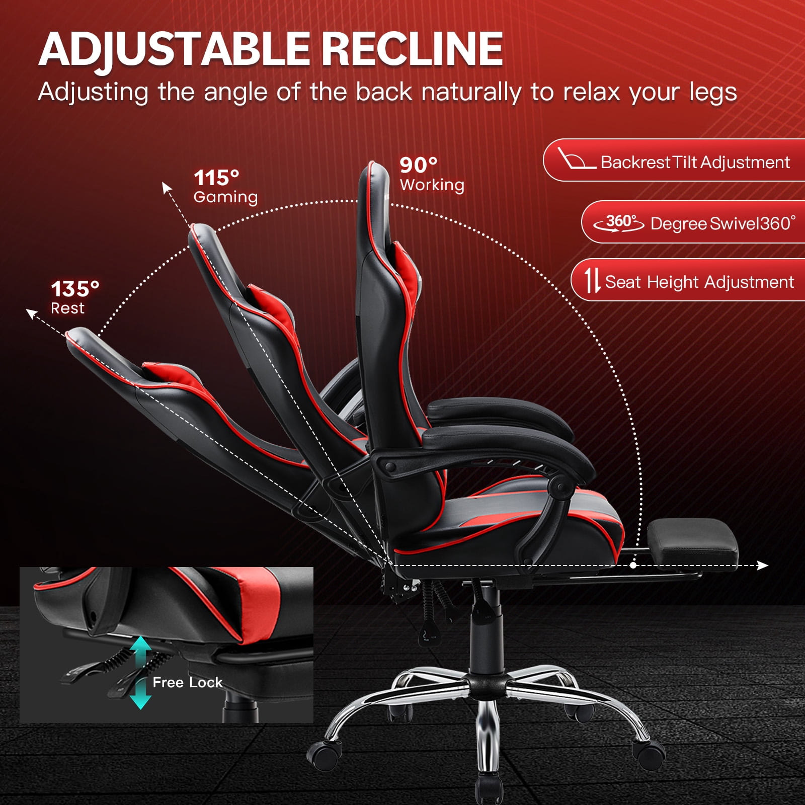 JONPONY Big and Tall 400LBS Gaming Chair, Ergonomic Design, Gamer Chair PU Leather with Footrest and Lumbar Support, High Back Office Chair Support 8 Hours Long Sitting, Computer Chair,Black Red