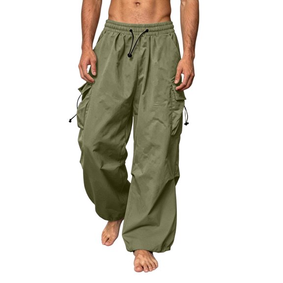 Glisme Pants For Men Solid Color Elastic Waist With Pockets And Drawstring Summer Loose Fit Men Cargo Trousers Size L Army Green